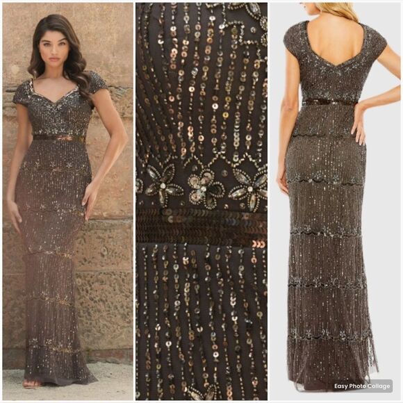 Mac Duggal 9089 Womens Brown Cap Sleeve Sweetheart  Beaded Sequin Column Dress - Picture 1 of 15